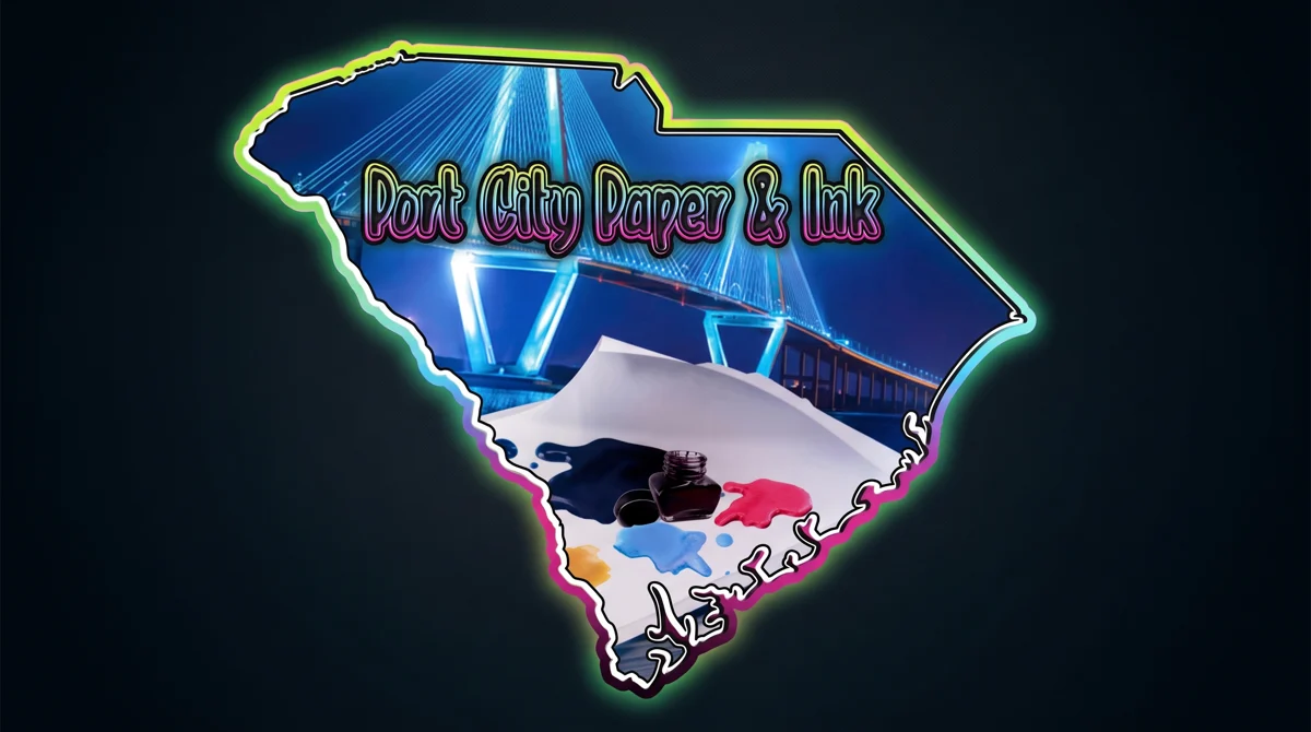 Port City Paper and Ink, the Next On supply line. South Carolina outlined in neon with the Ravenel Bridge and sublimation ink.
